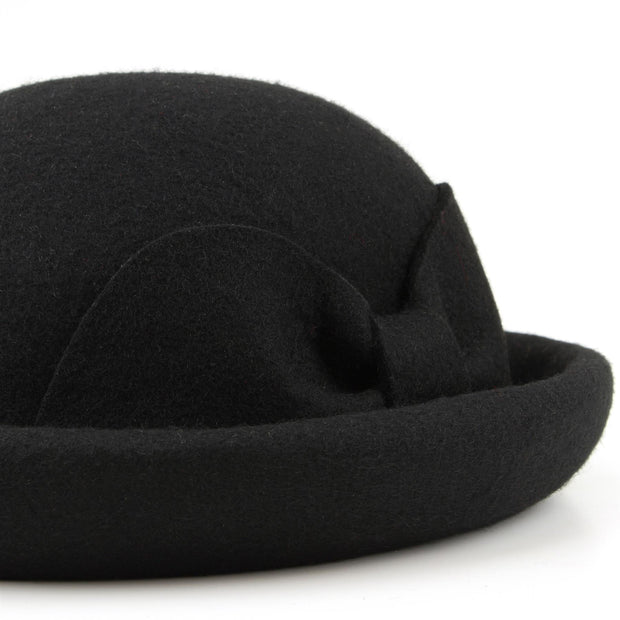 Wool felt rolled brim bowler hat with large bow - Black