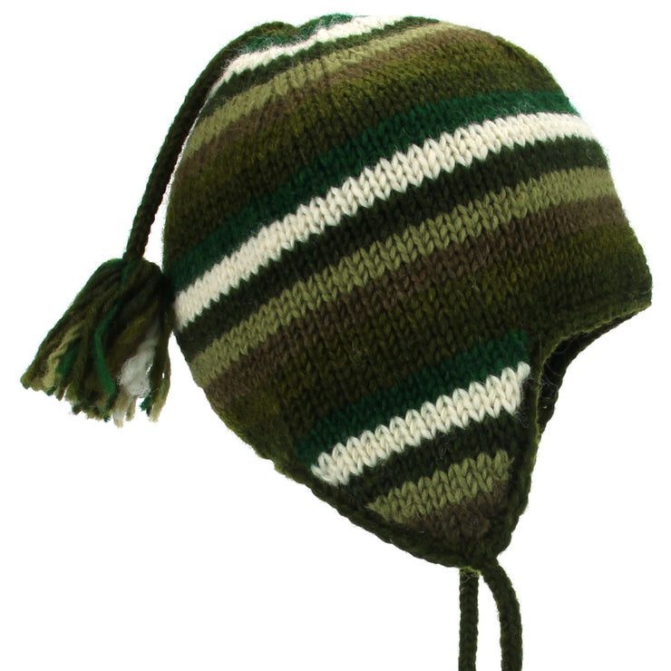 Wool Knit Earflap Tassel Hat - Stripe Green Brown