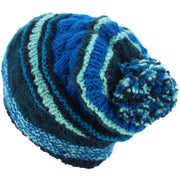 Wool Knit Bobble Beanie Hat - Stripe Blue