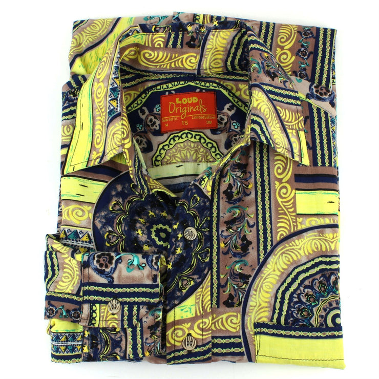 Tailored Fit Long Sleeve Shirt - Yellow Grey & Navy Abstract