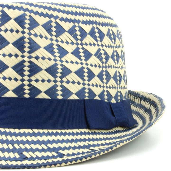 Check straw paper trilby hat with grosgrain band - Blue