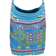Embroidered Elephant Canvas Sling Shoulder Bag - Light Blue