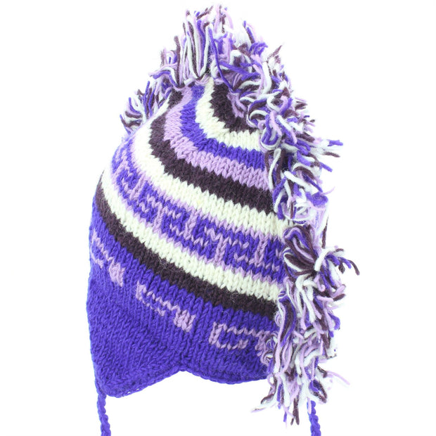 Wool Knit 'Punk' Mohawk Earflap Beanie Hat - Purples (Adult)