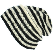 Wool Knit Ridge Beanie Hat with Fleece Lining - White & Black