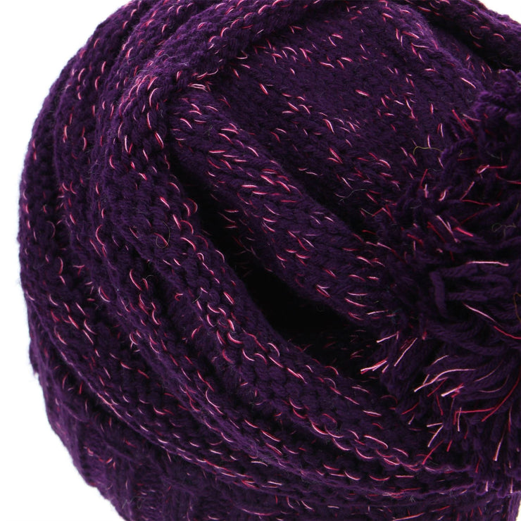 Acrylic Knit Baggy Beanie Bobble Hat - Purple
