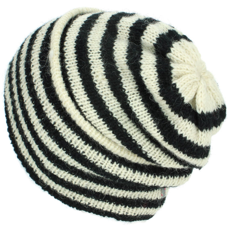 Wool Knit Ridge Beanie Hat with Fleece Lining - White & Black