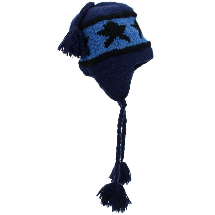 Wool Knit Earflap Tassel Hat - Star Blue