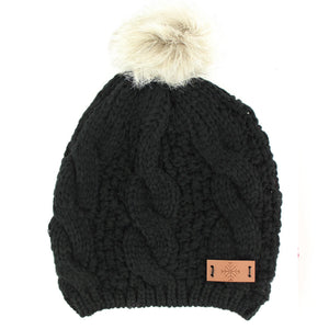 Cable knit beanie hat with faux fur bobble - Black