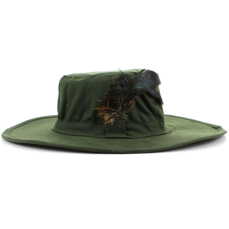 Wide Brim Outback Style Wax Cotton Bush Hat with Feather - Green