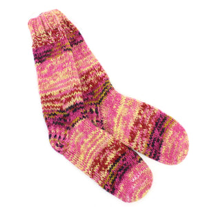 Hand Knitted Wool Slipper Socks Lined - SD Pink Yellow