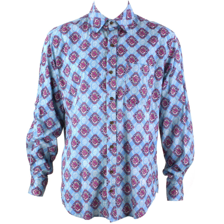 Regular Fit Long Sleeve Shirt - Blue With Pink Motif