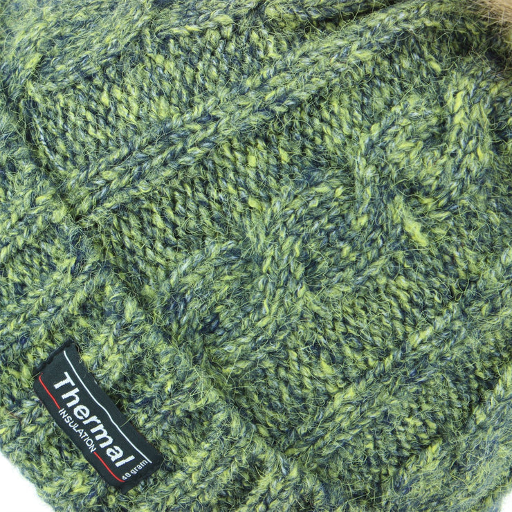 Cable Knit Beanie Hat with Thermal Lining and Faux Fur Bobble - Green