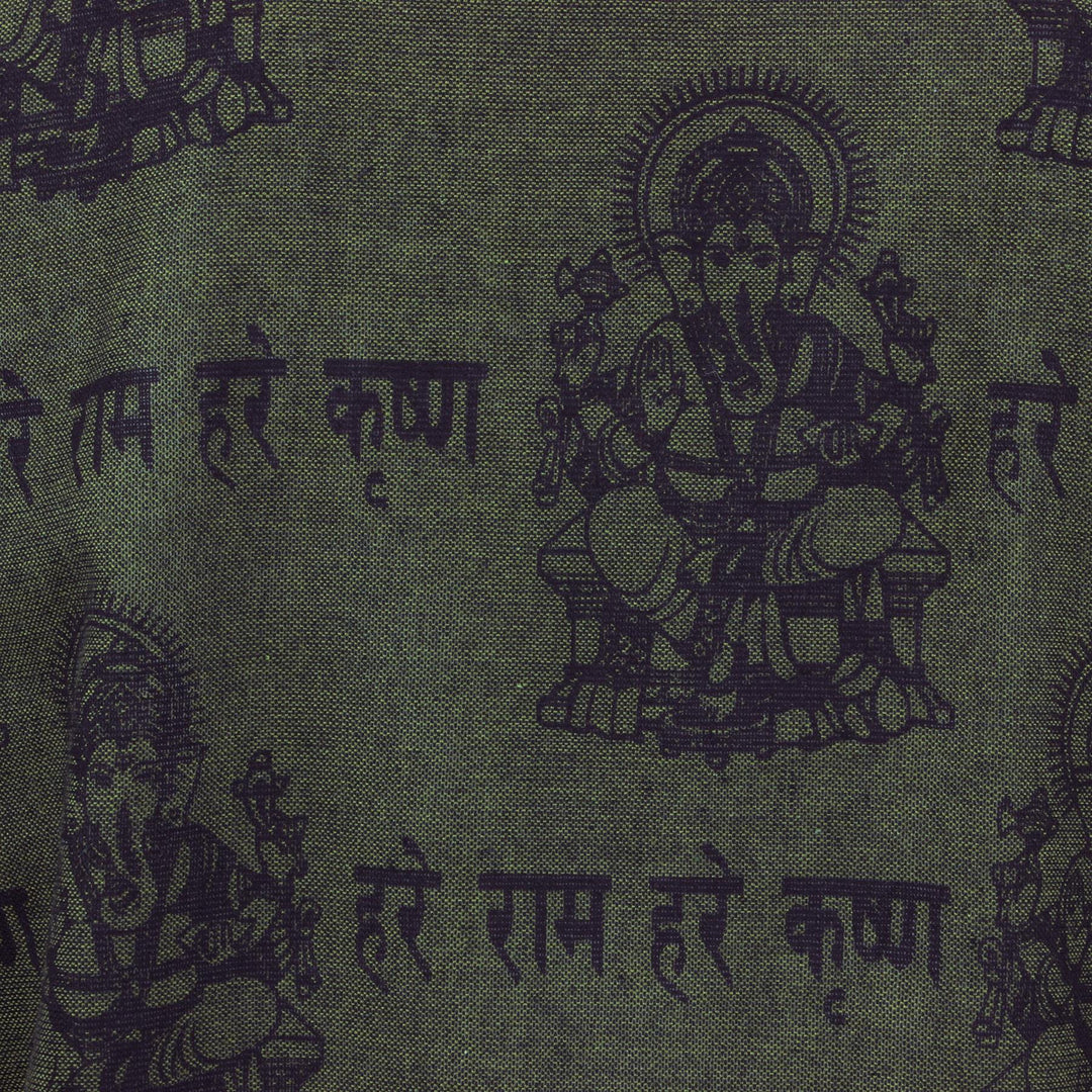 Long Sleeve 'Ganesh' Printed Nepalese Kurta Grandad Shirt - Green