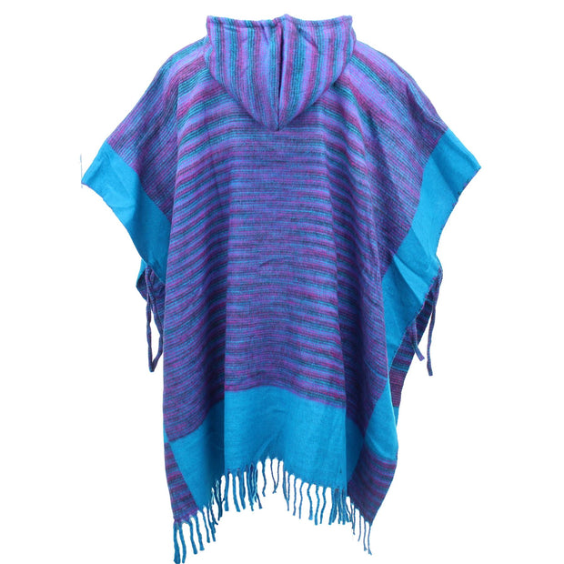 Soft Vegan Wool Hooded Tibet Poncho - Purple & Turquoise