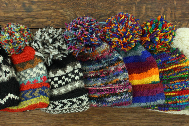 Hand Knitted Wool Beanie Bobble Hat - SD Black Rainbow