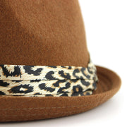 Women's felt rolled brim trilby hat with satin leopard print band - Brown (57cm)