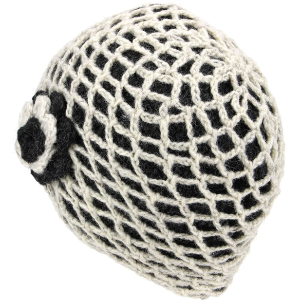 Ladies Wool Knit Crochet Lattice Beanie Hat with Flower - Off White