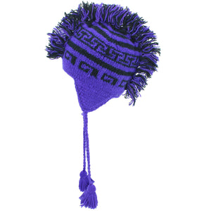 Wool Knit 'Punk' Mohawk Earflap Beanie Hat - Purple & Black
