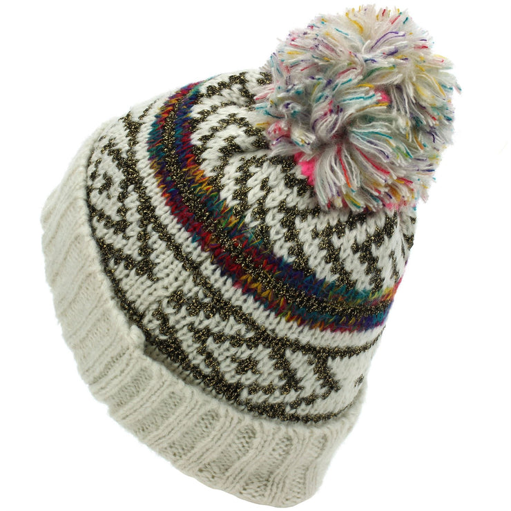 Knitted Metallic Beanie Hat with Multicoloured Bobble - Cream