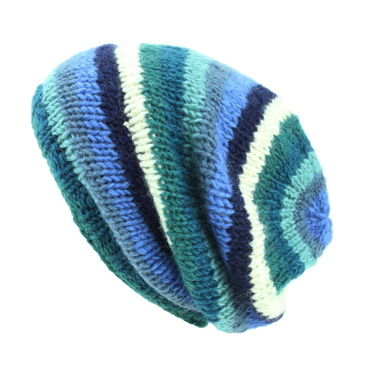 Hand Knitted Baggy Slouch Beanie Hat - Stripe Blue