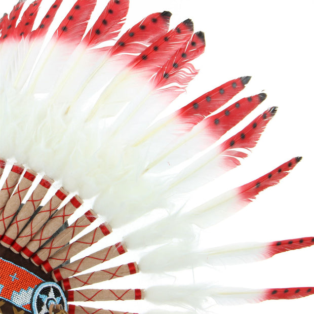 Native Amercian Chief Headdress - Red with Black Spots (White Fur)