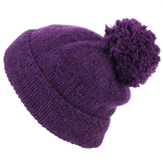 Chunky Wool Knit Baggy Slouch Beanie Bobble Hat - Purple