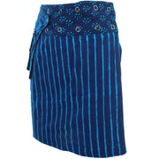 Reversible Popper Wrap Knee Length Skirt - Indigo Patch Strips / Indigo Stripe