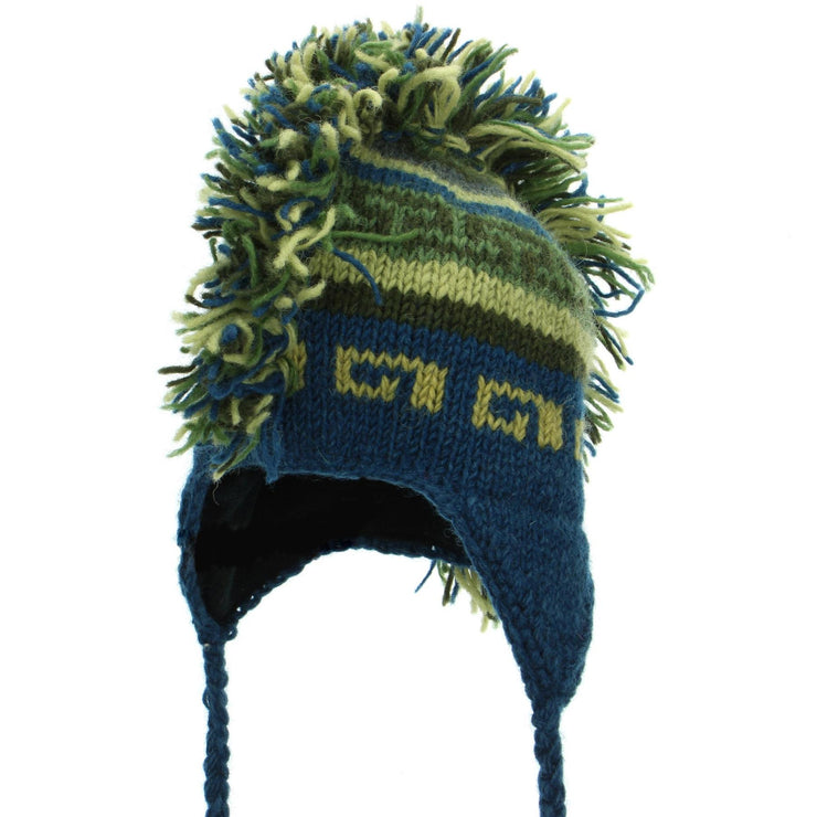 Wool Knit 'Punk' Mohawk Earflap Beanie Hat - Blue & Green
