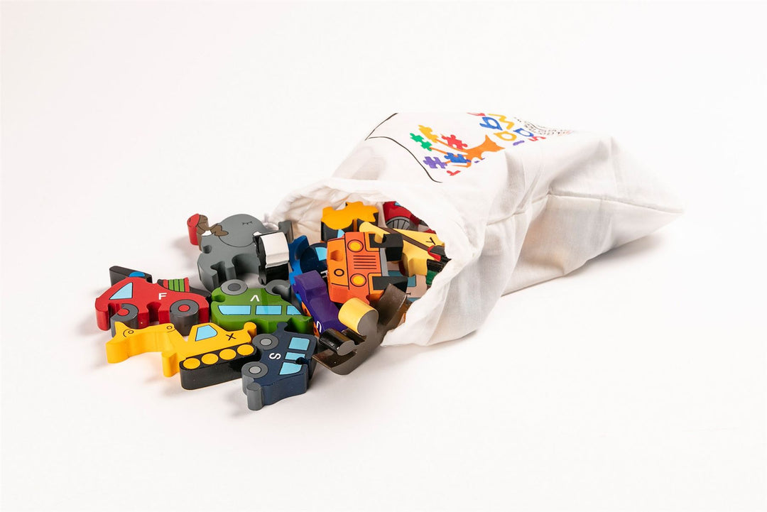 Handmade Wooden Jigsaw Puzzle - Alphabet Transport