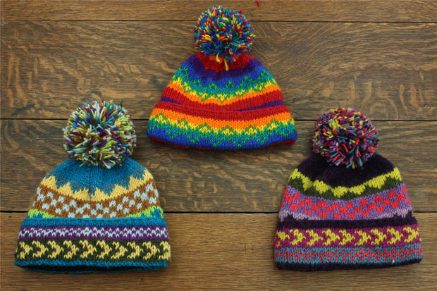 Hand Knitted Wool Beanie Bobble Hat - Stripe Rainbow Zig Zag