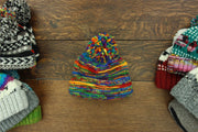 Hand Knitted Wool Beanie Bobble Hat - Stripe Rainbow 2