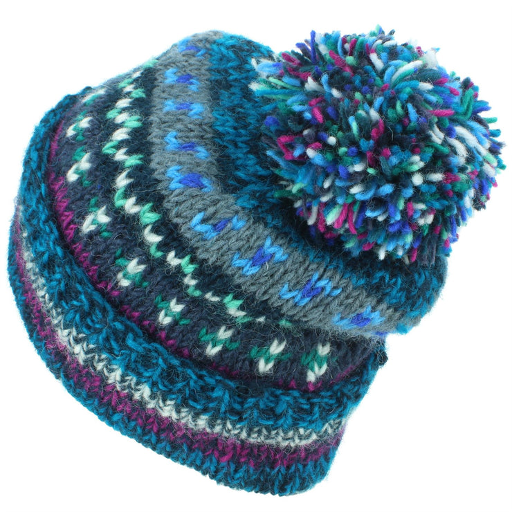 Chunky Wool Knit Abstract Pattern Beanie Bobble Hat - 17 Blue