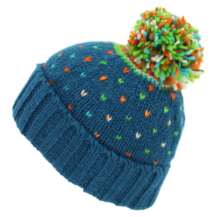 Hand Knitted Wool Beanie Bobble Hat - Tik Tik Blue