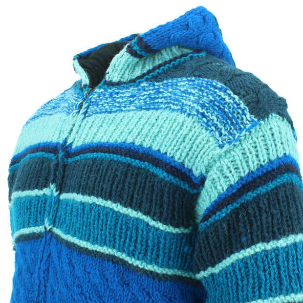 Chunky Wool Multi Knit Hoodie - Blue