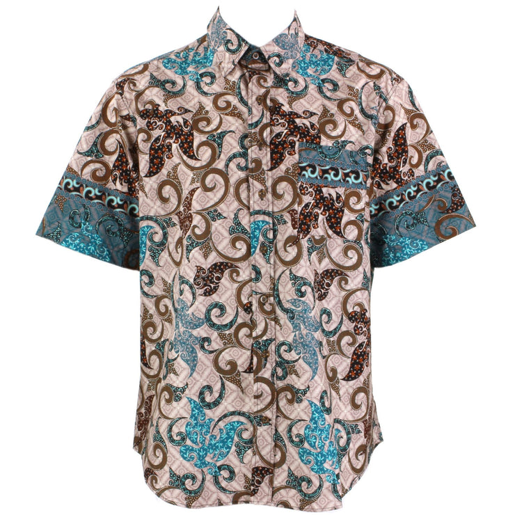 Regular Fit Short Sleeve Shirt - Pink Brown & Turquoise Abstract