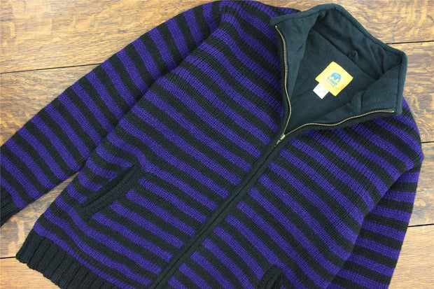 Hand Knitted Wool Jacket Cardigan - Stripe Purple Black