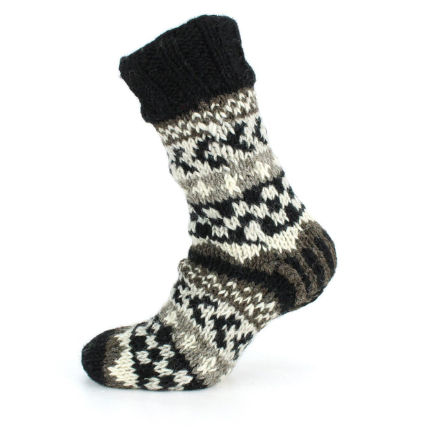 Hand Knitted Wool Slipper Socks Lined - Chevron Black