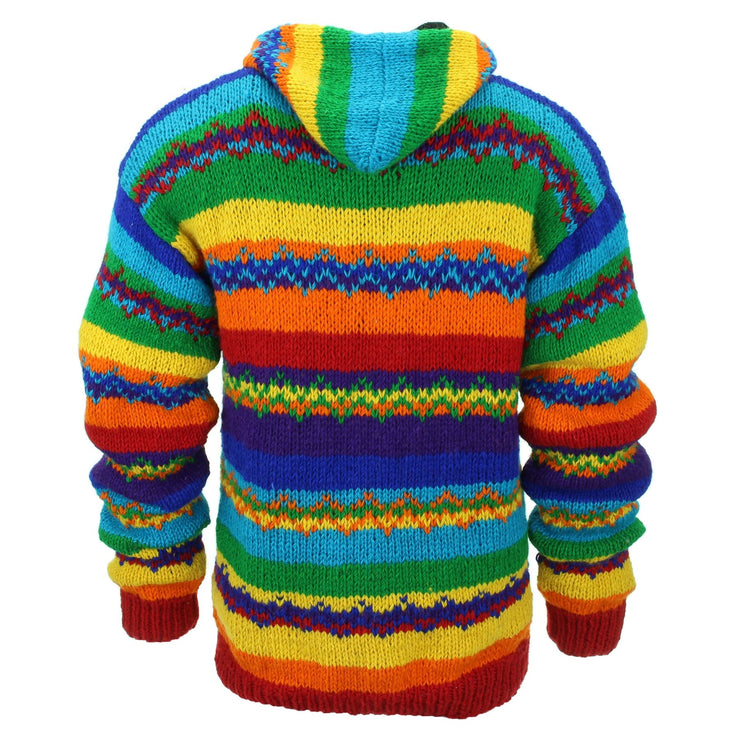 Hand Knitted Wool Hooded Jacket Cardigan - Stripe Rainbow Zig Zag