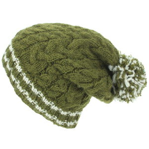 Chunky Wool Cable Knit Big Baggy Slouch Beanie Bobble Hat with Striped Brim - Green