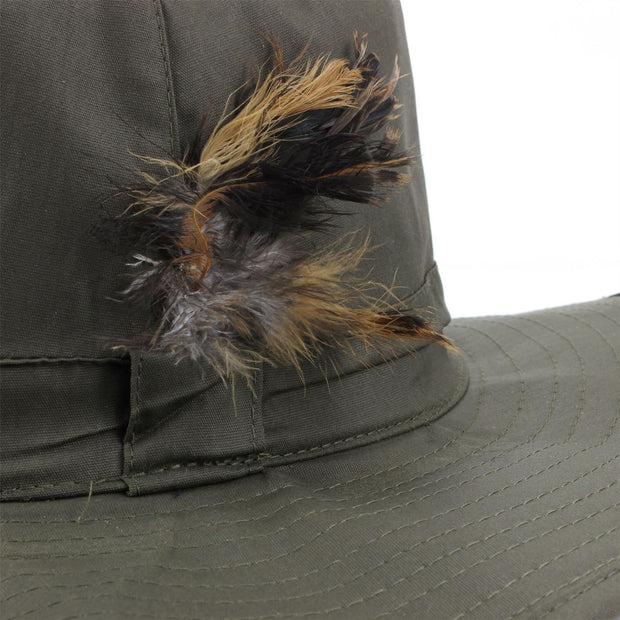 Wide Brim Outback Style Cotton Bush Hat with Feather - Green