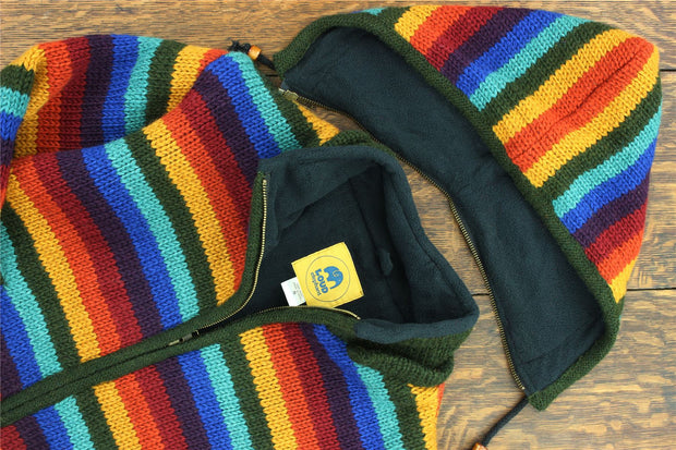 Hand Knitted Wool Hooded Jacket Cardigan Ladies Cut - Stripe Dark Rainbow