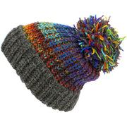 Wool Knit Beanie Bobble Hat - Blue Multi