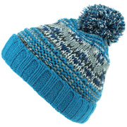 Children's Chunky Knit Fairisle Bobble Beanie Hat with Fleece Lining - Blue