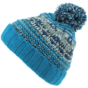 Bonnet à pompon en tricot épais pour enfants avec doublure en polaire - Bleu