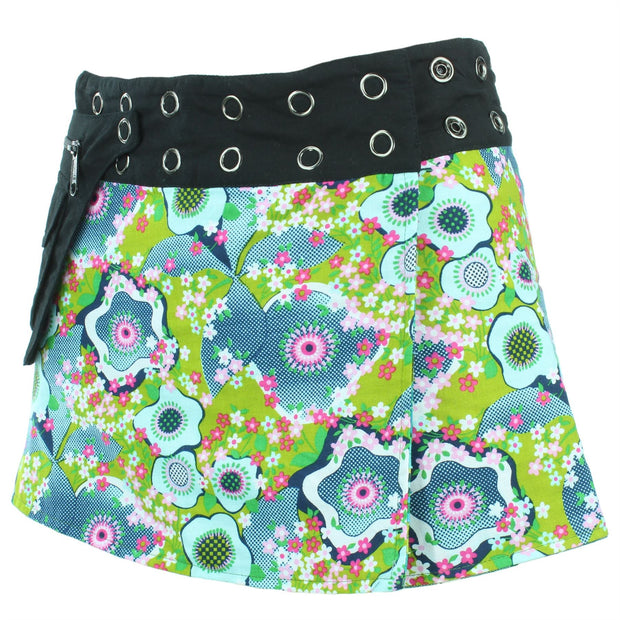 Reversible Popper Wrap Children's Size Mini Skirt - Green Patch Strips / Floral Oyster