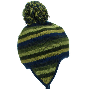 Bonnet à pompon en tricot de laine avec oreillettes - rayure bleu vert