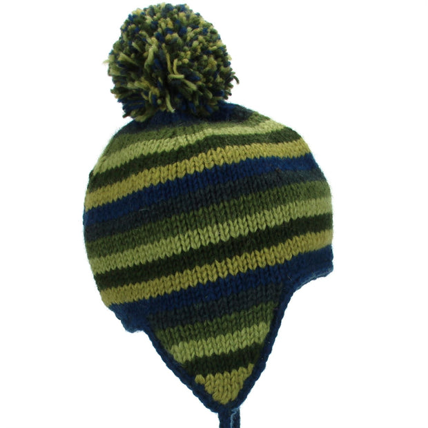 Wool Knit Earflap Bobble Hat - Stripe Blue Green