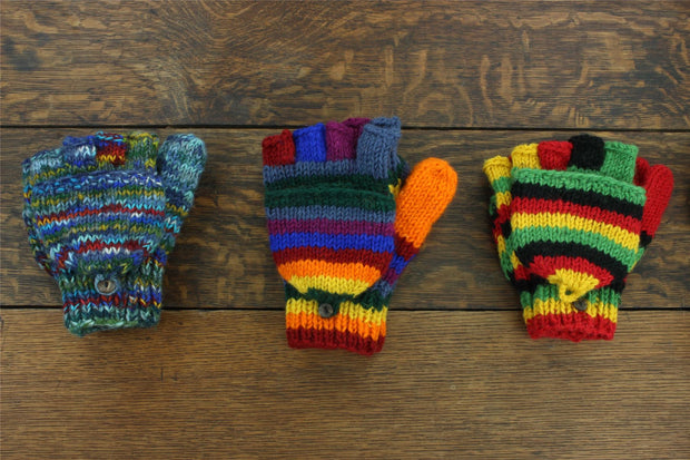 Hand Knitted Wool Shooter Gloves - Stripe Navy Pink Pattern