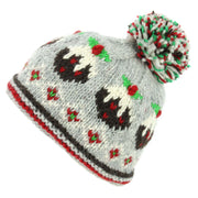 Hand Knitted Wool Beanie Bobble Hat - Christmas Puddings