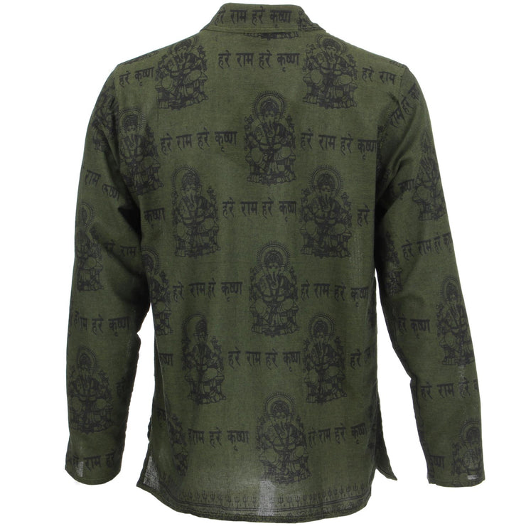 Long Sleeve 'Ganesh' Printed Nepalese Kurta Grandad Shirt - Green